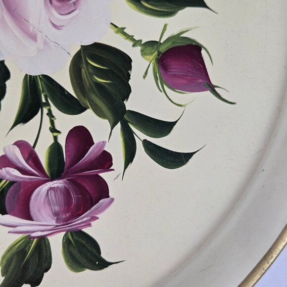 Tole by Pilgrim Art Large Round Metal Tray Roses and Daisy Pattern Gold Rim - Picture 5 of 15